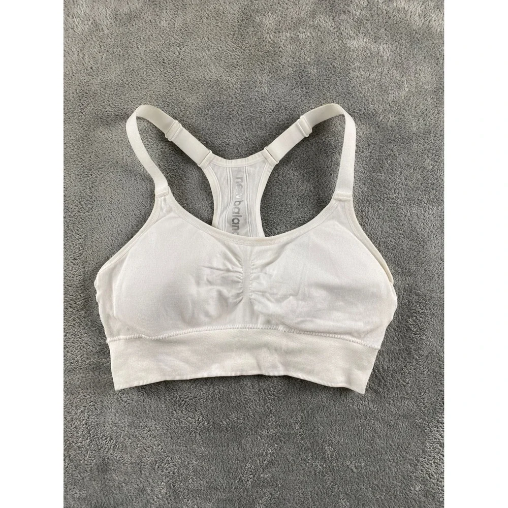 New Balance Womens White Ribbed Seamless Racerback Sports Bra M. Ruched Front - Picture 1 of 8